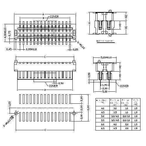 0.8mm  Board to board connector, Male,double groove, mating height=4.0~6.5mm BB0.8M-XXXX02